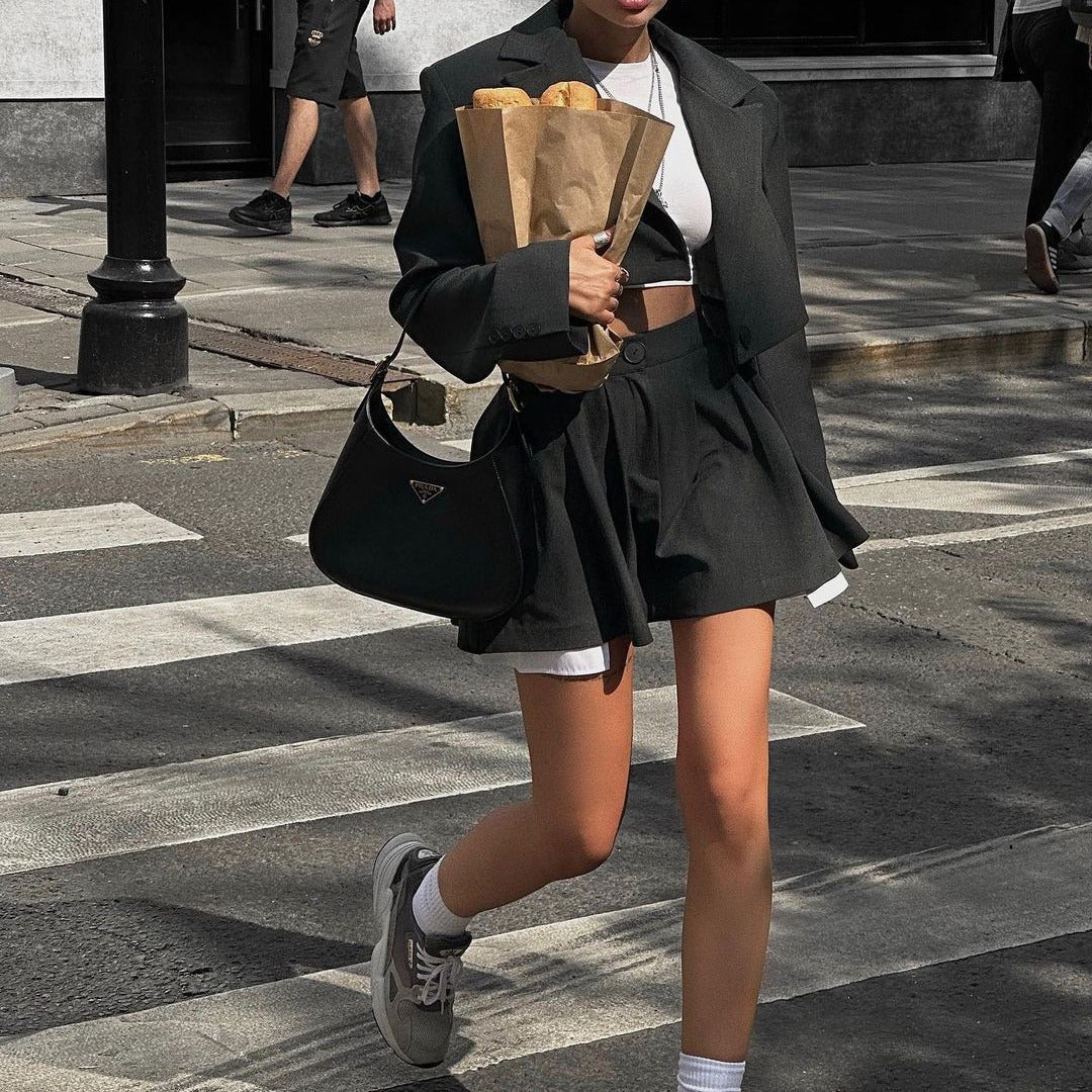 High Waist Short Skirt Long Sleeve Top Two-piece Suit