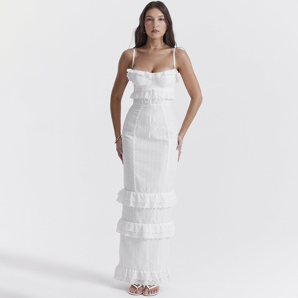 Eyelet Lace Corset Tie Front Tiered Ruffle Spaghetti Strap Maxi Dress - View 6