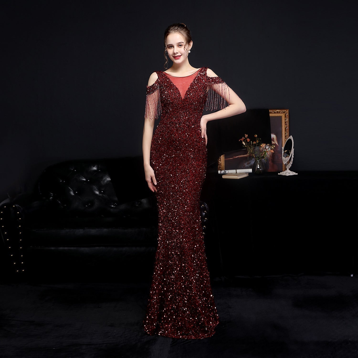 Emery sequined fringed fishtail dress - Fashionpara