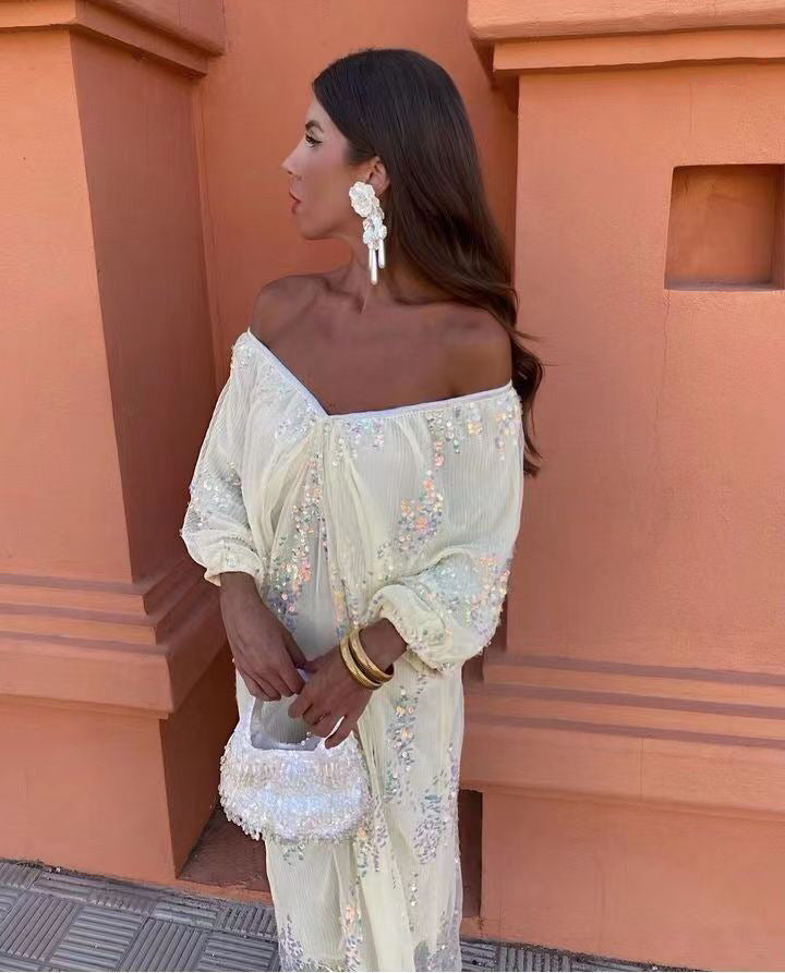 Sequin Off Shoulder Deep V-Neck Lantern Sleeve Mesh Maxi Dress - View 3