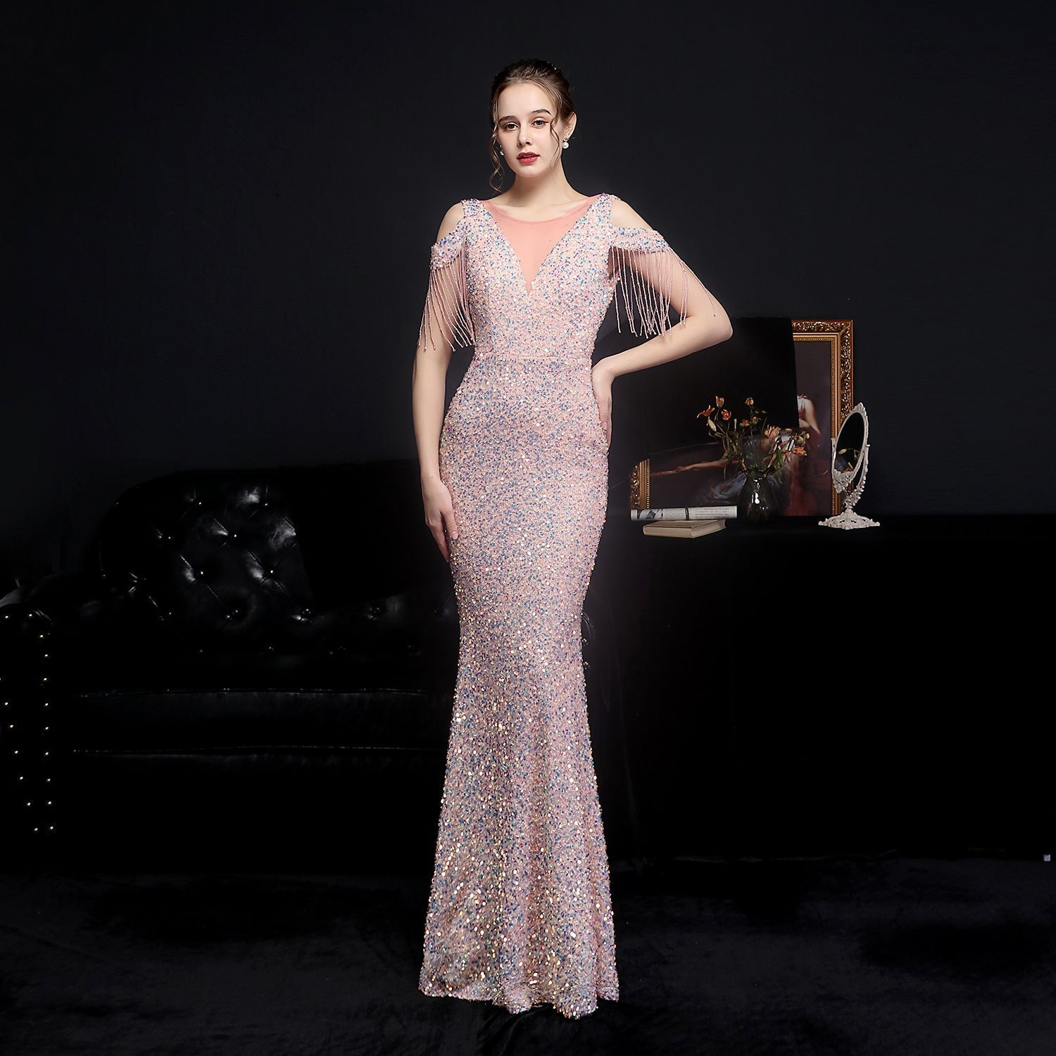 Emery sequined fringed fishtail dress - Fashionpara