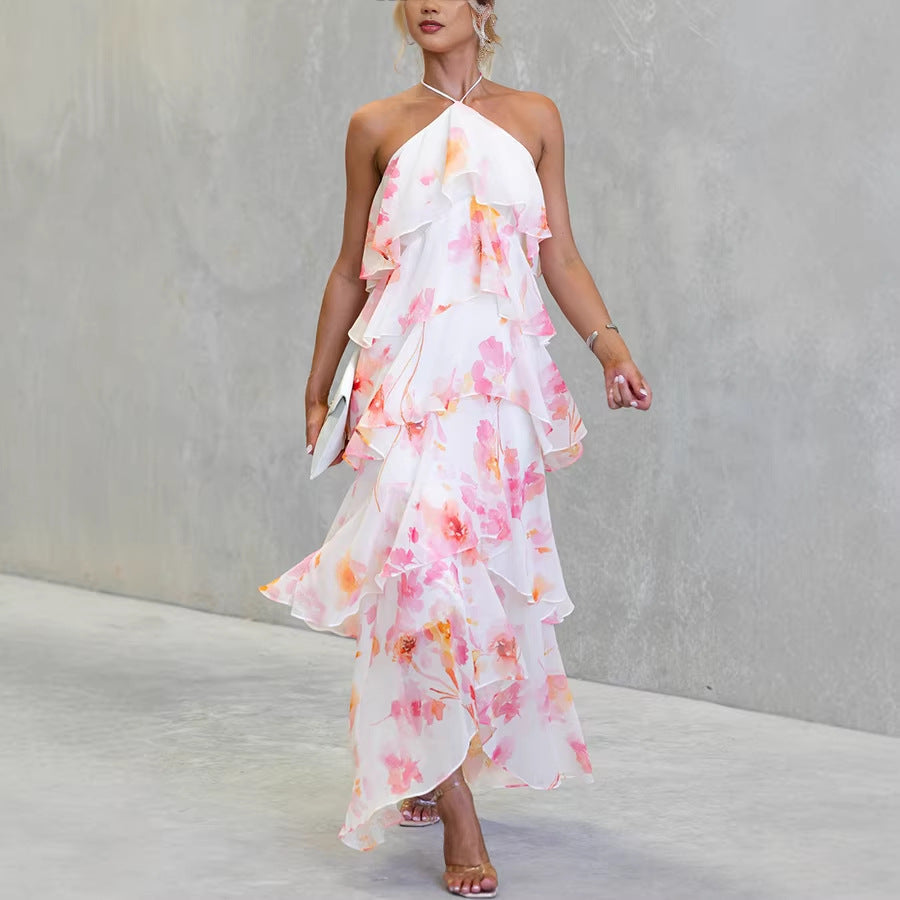 Floral Chiffon Halter Neck Tiered Ruffle Maxi Dress - View 3