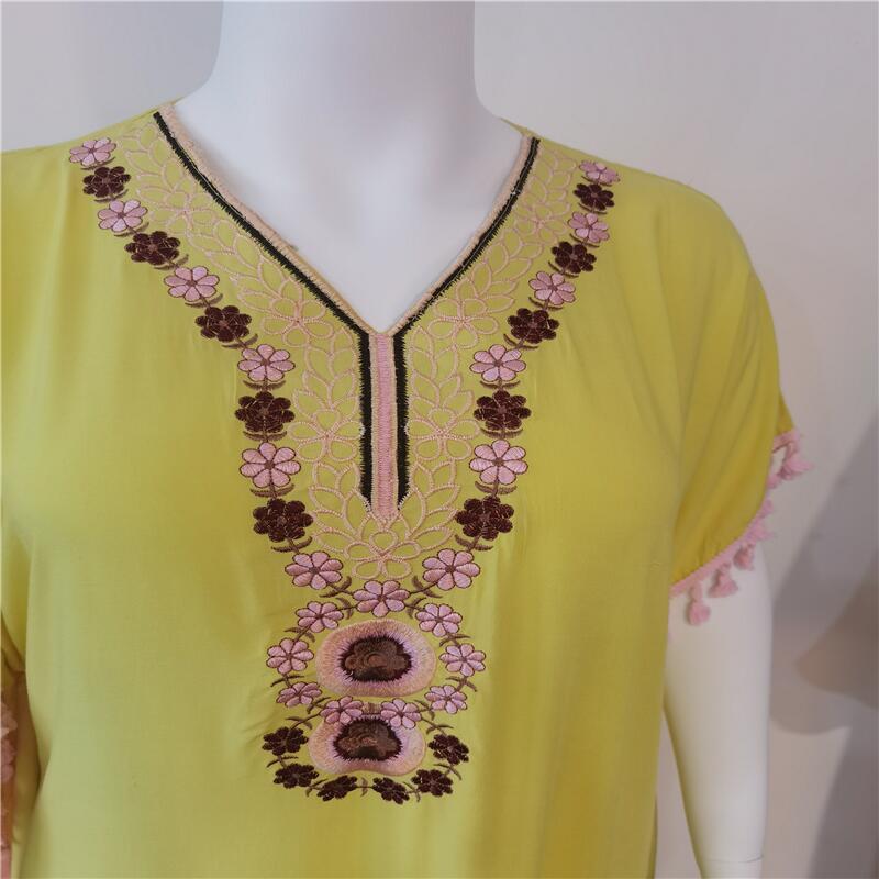 Embroidered V-Neck Tassel Trim Kaftan Maxi Dress