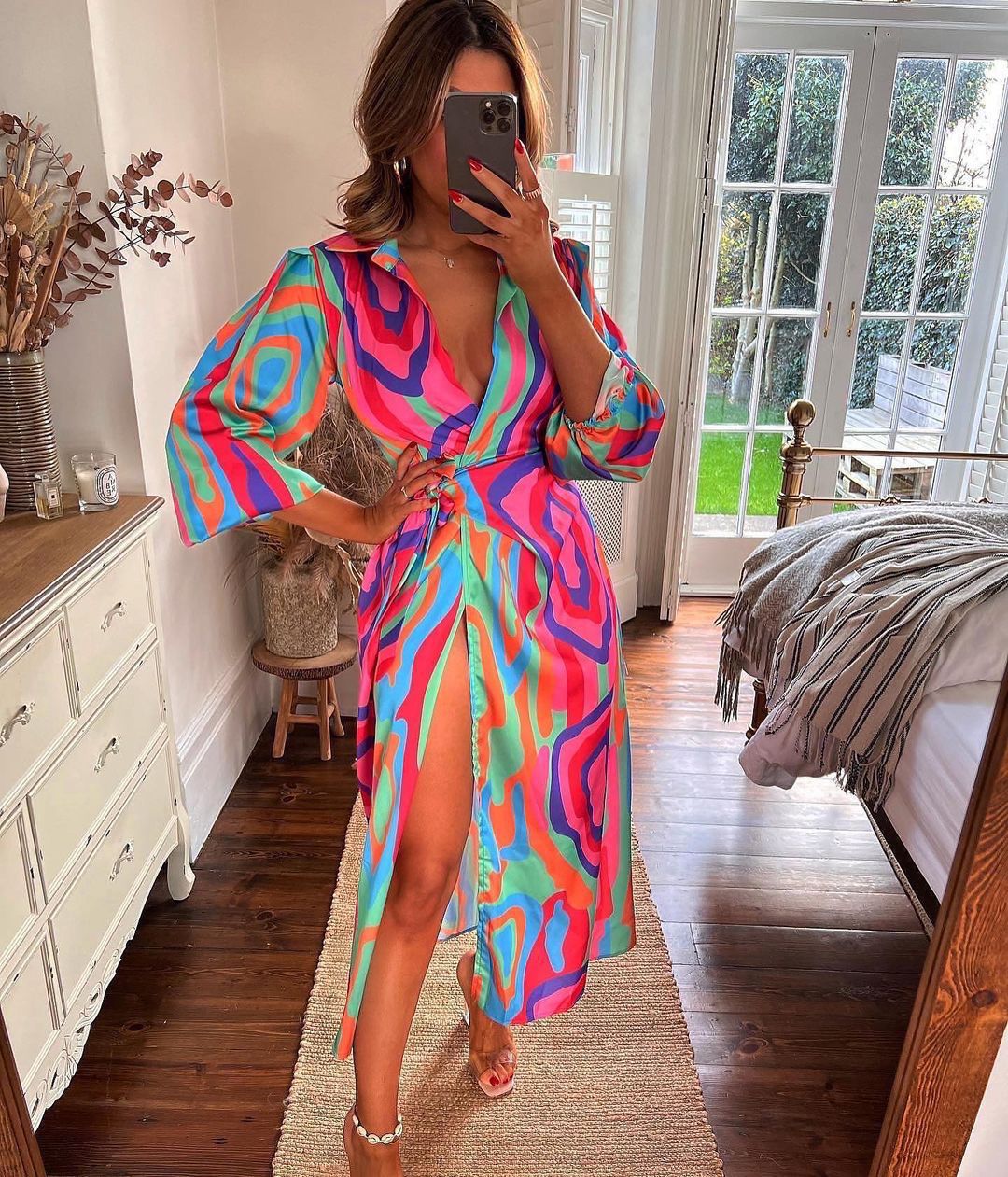 Swirl Print Collared Long Sleeve Wrap Midi Dress