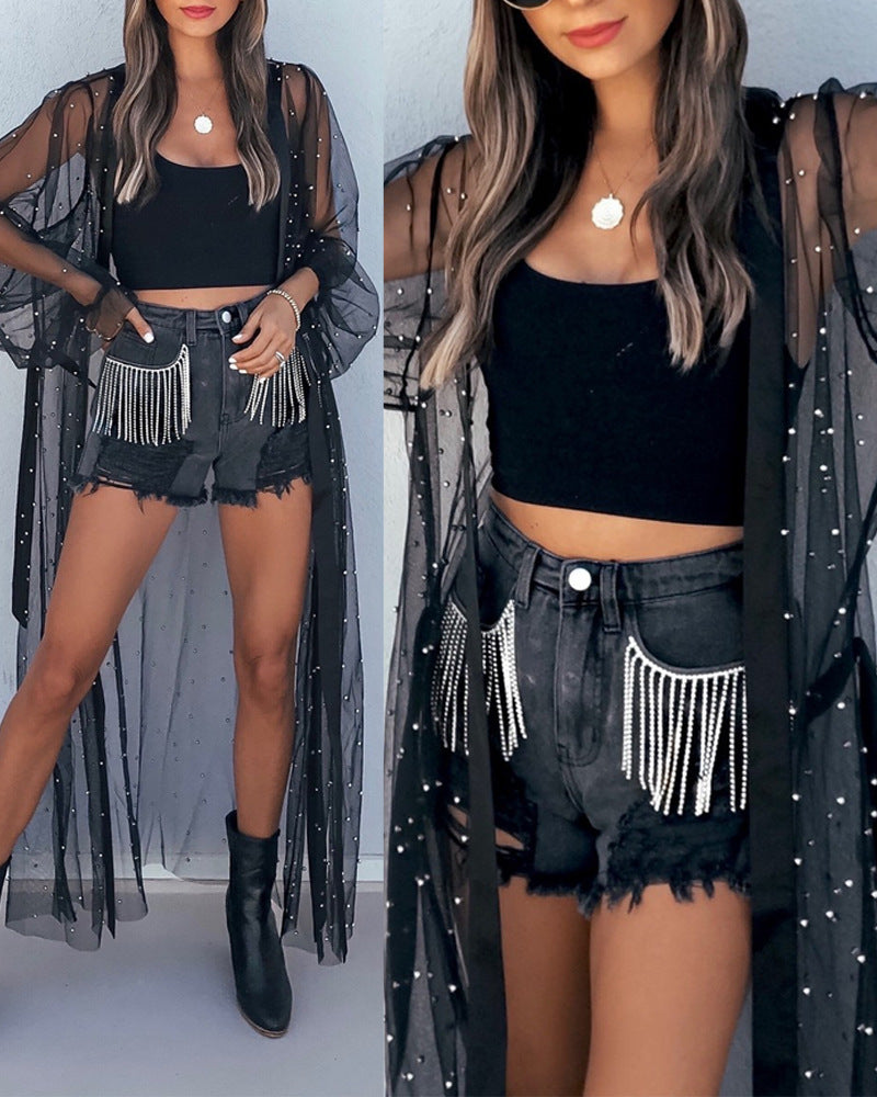 Black Starry Sheer Sequin Duster Kimono Fashionpara