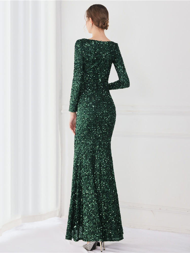 Sequin V-Neck Long Sleeve High-Slit Mermaid Gown