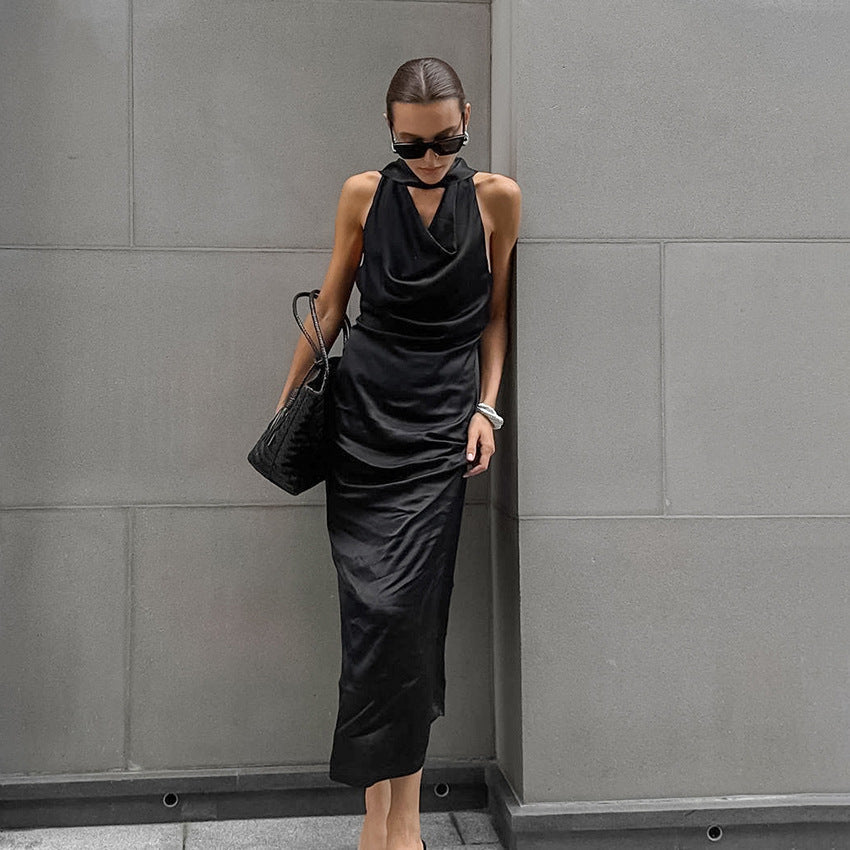 Black Thin Soft Matte Satin Swing Collar off Shoulder Dress