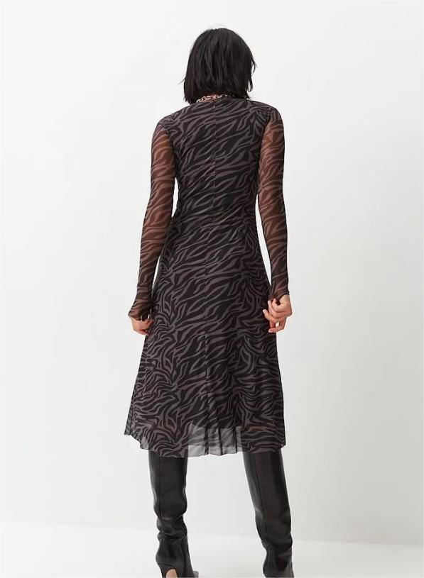 Leopard Print Long Sleeve Mesh Midi Dress