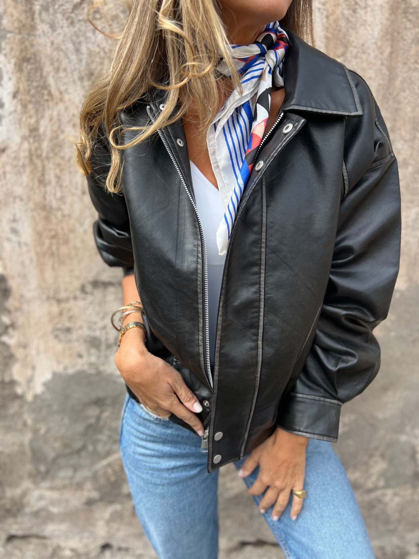 Retro Loose PU Motorcycle Bomber Jacket for Stylish Riders