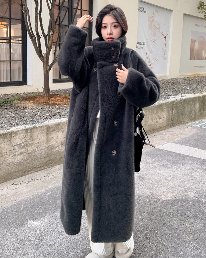 Double-Breasted Faux Mink Fur Long Coat with Stand-Up Collar