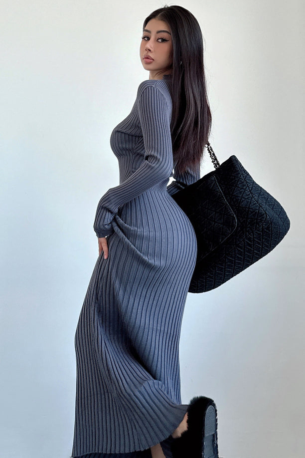 V-Neck Long Sleeve Knit Sweater Dress for Effortless Style
