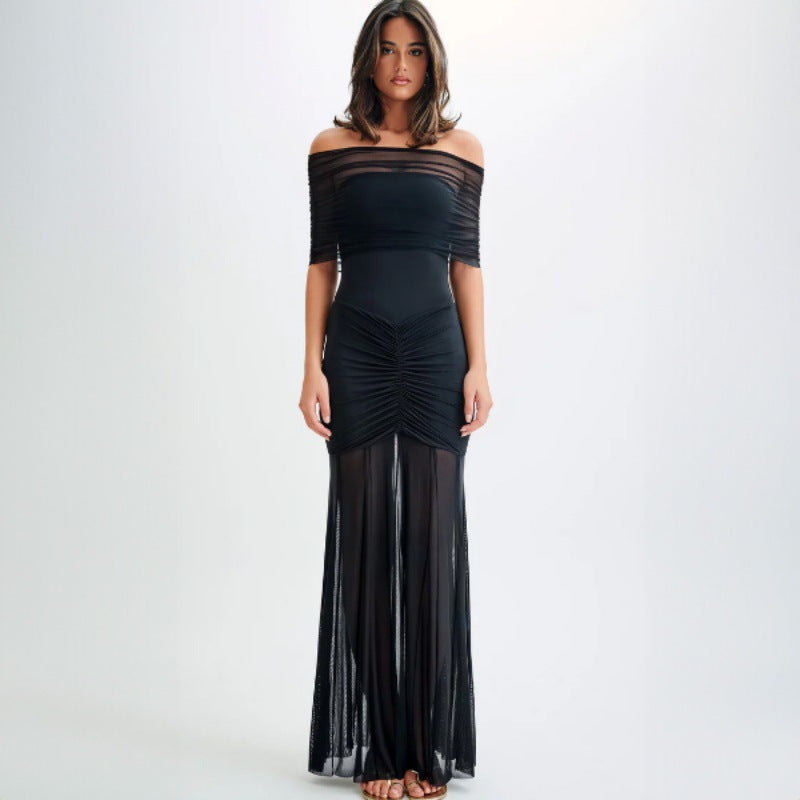 Off Shoulder Ruched Mesh Bodice Wrap Hip Pleated Mesh Maxi Gown - View 3