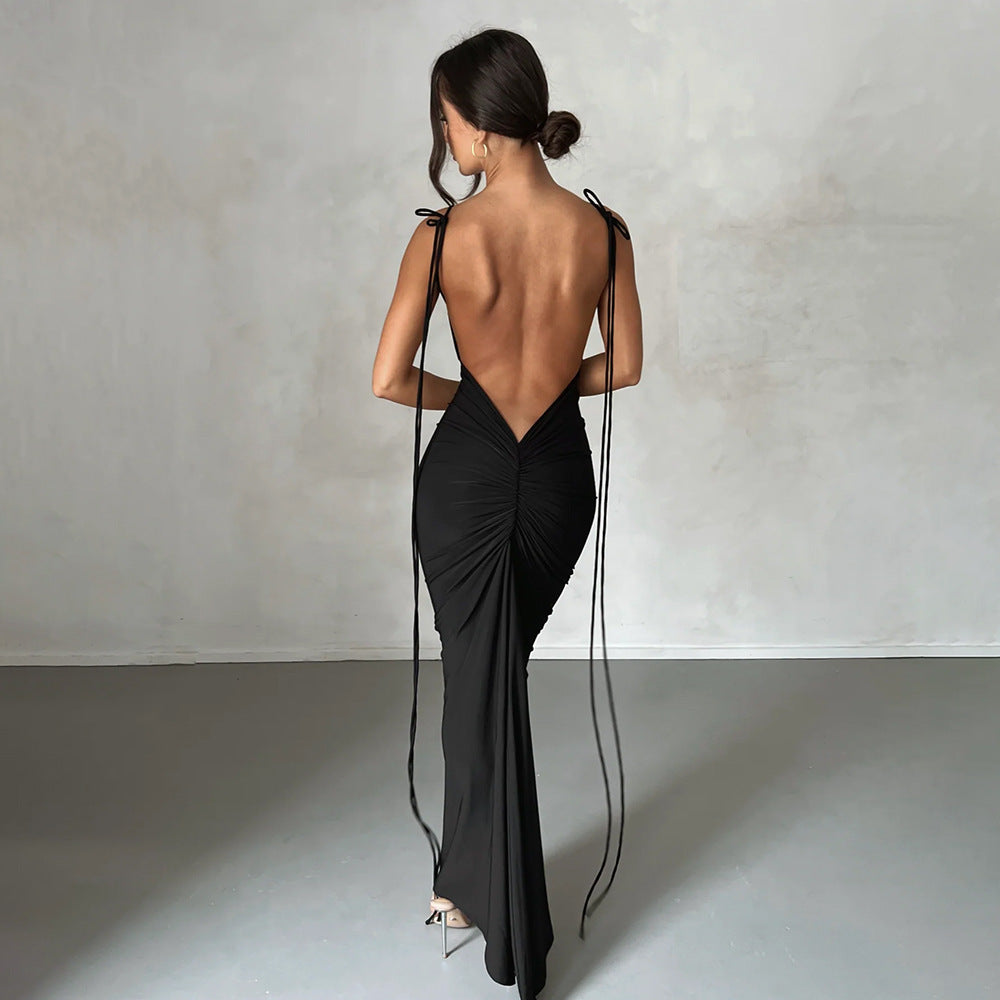 Backless Tie Shoulder Spaghetti Strap Ruched Bodycon Maxi Dress - View 4