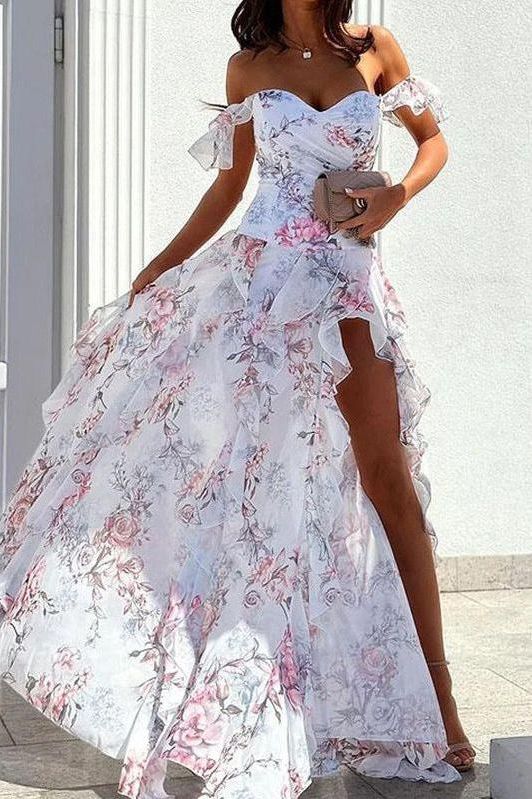 Floral Print Off-Shoulder Ruffle High Slit Maxi Gown