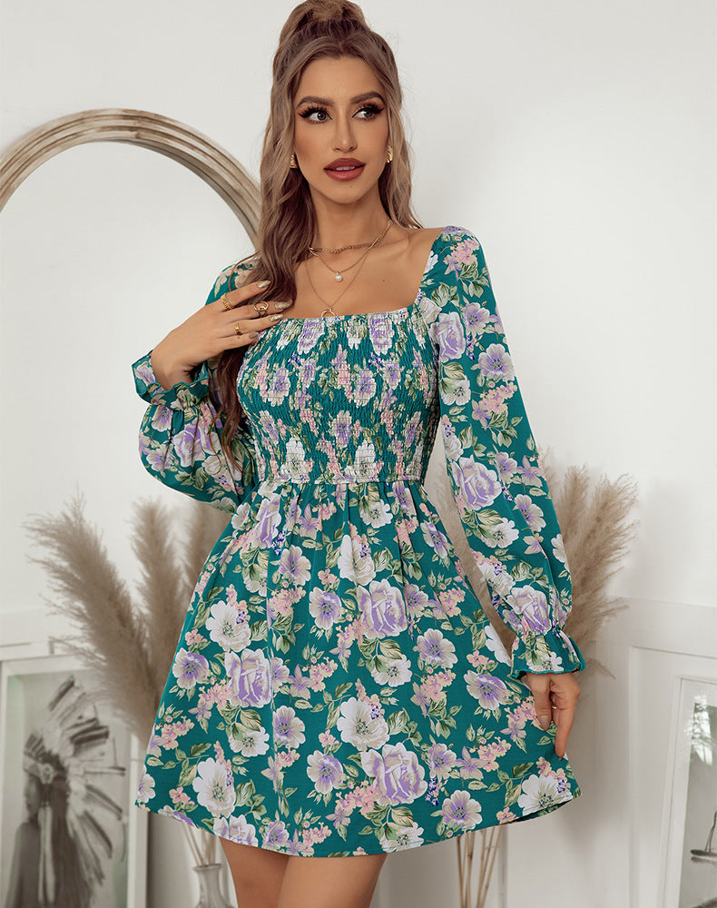 Floral Print Square Neck Long Sleeve Smocked Mini Dress