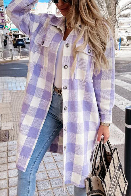 ShoptheCIC Long Lapel Plaid Single-Breasted Coat Jacket