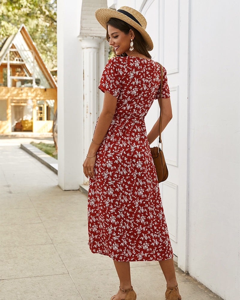 Floral Print V-Neck Flutter Sleeve Wrap Midi Dress