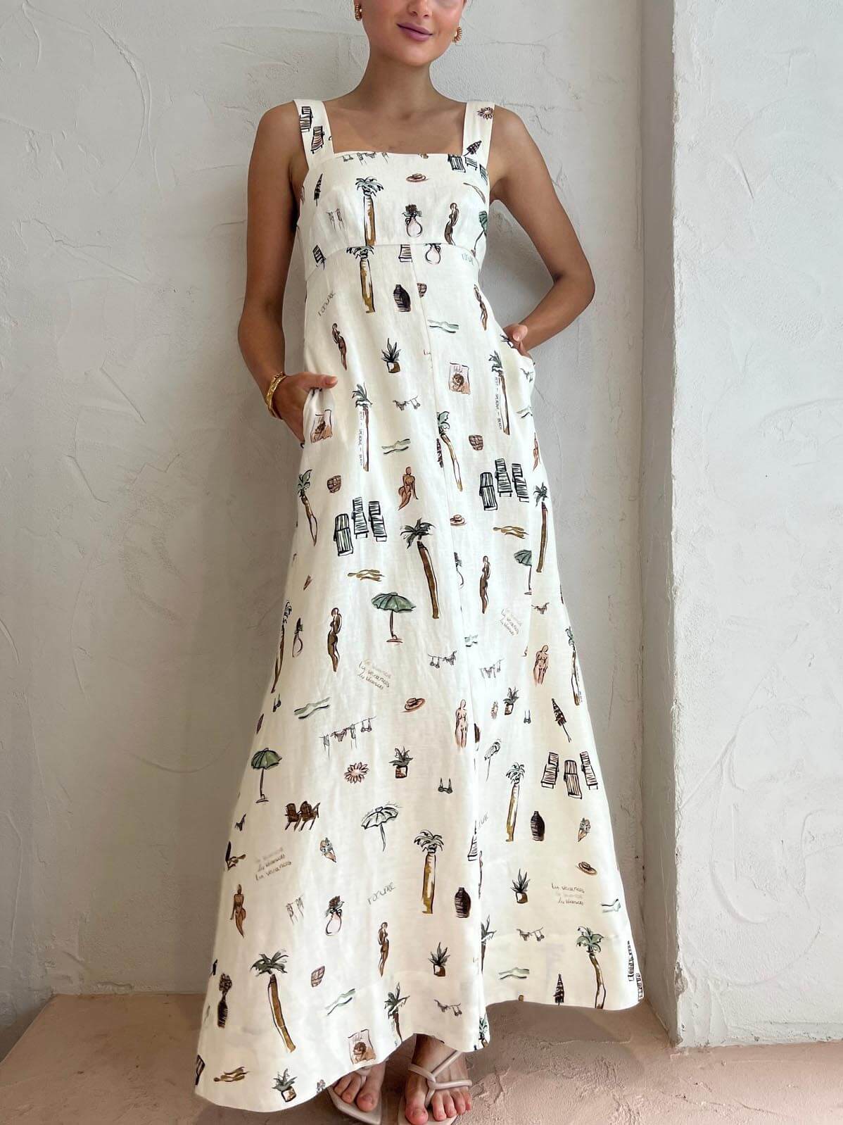 Beach Print Square Neck Pocket A-Line Maxi Dress