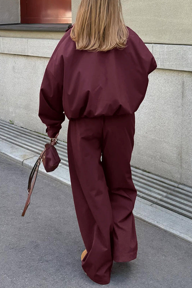 Vintage Burgundy Lapel Trench Coat and Slim-fit Trousers Set