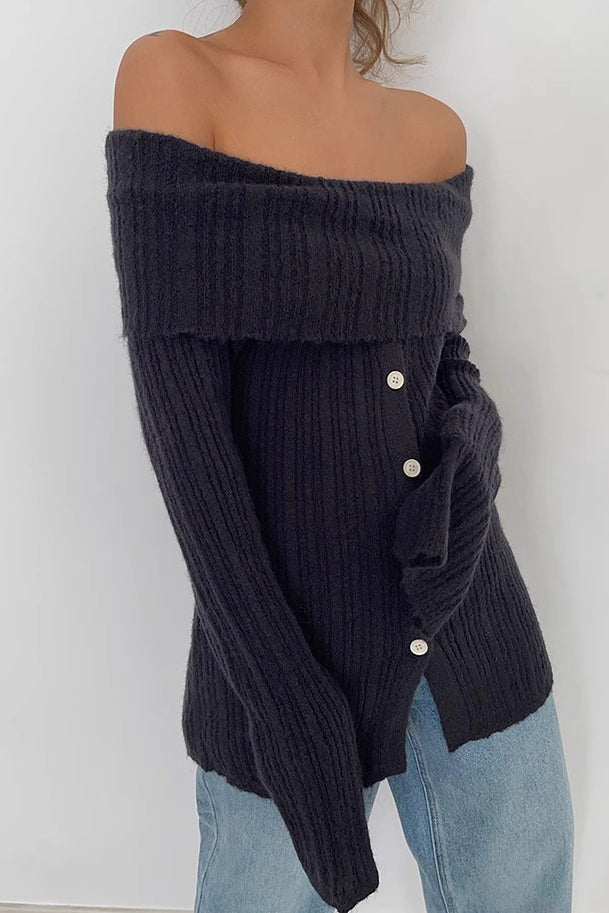 Off Shoulder Ruched Sweater with Buttoned Front Detail