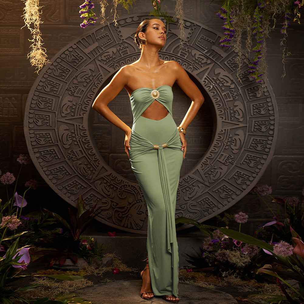 Strapless Cutout Embellished Draped Maxi Dress 2