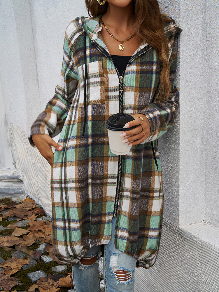 Stylish Plaid Zippered Hooded Long Jacket for Modern Looks