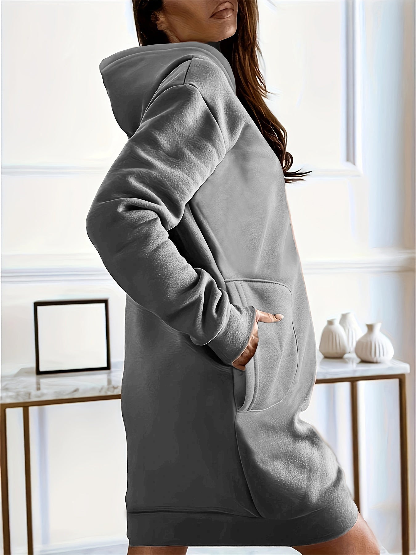 Mid-length pockets hooded sweatshirt dress Fashionpara