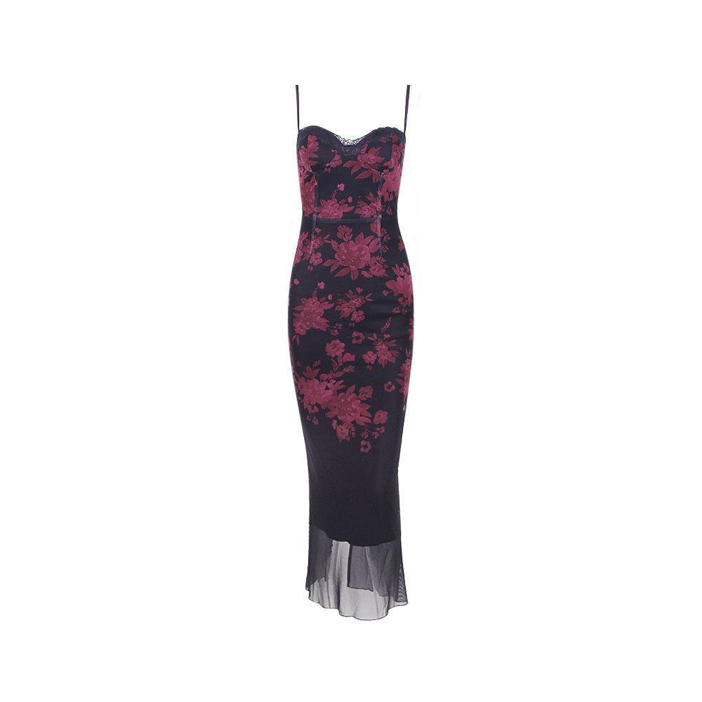 Floral Spaghetti Strap Lace Trim Mesh Bodycon Maxi Dress - View 7