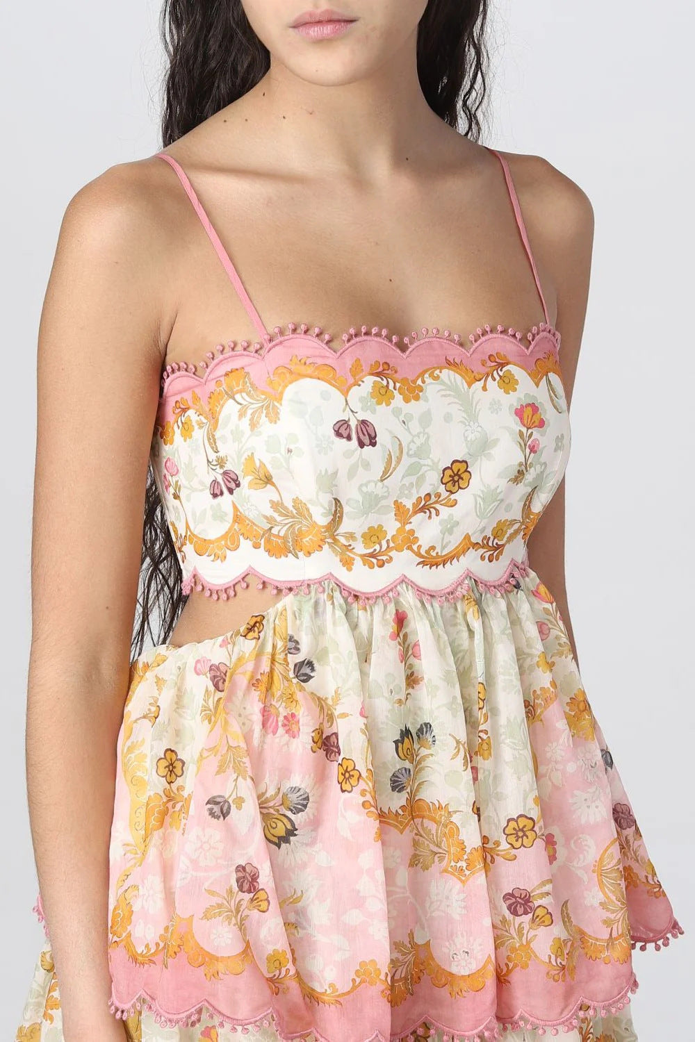 Floral Spaghetti Strap Scalloped Cut Out Tiered Midi Dress