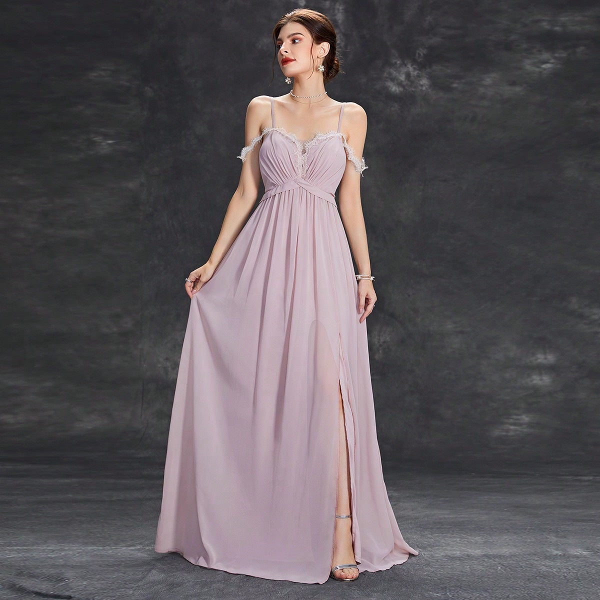 Spaghetti Strap Cold Shoulder Lace Trim High Split Chiffon Maxi Dress