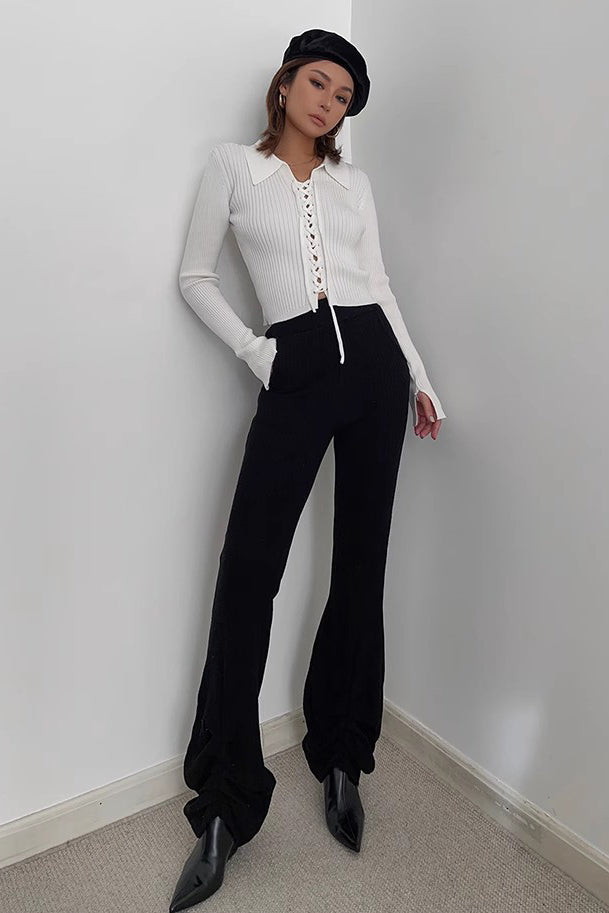 Rib-Knit Lace-Up Sweater Cardigan for Stylish Comfort