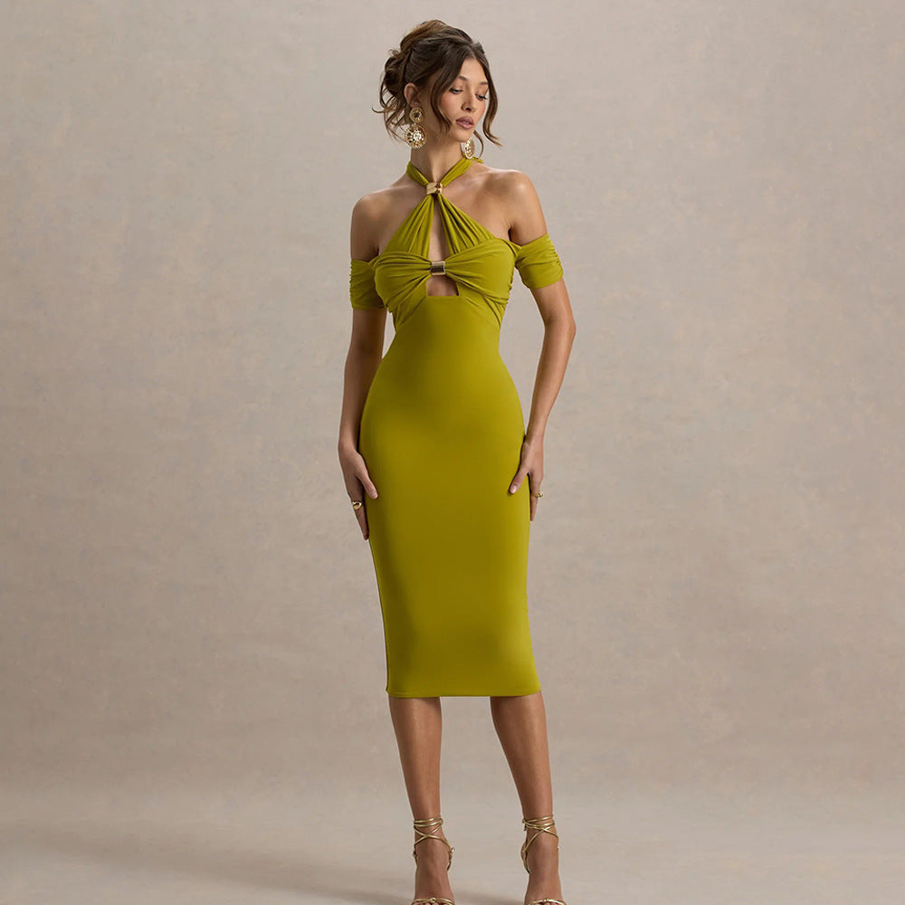 Halter Ring-Detail Cutout Off-Shoulder Bodycon Midi Dress