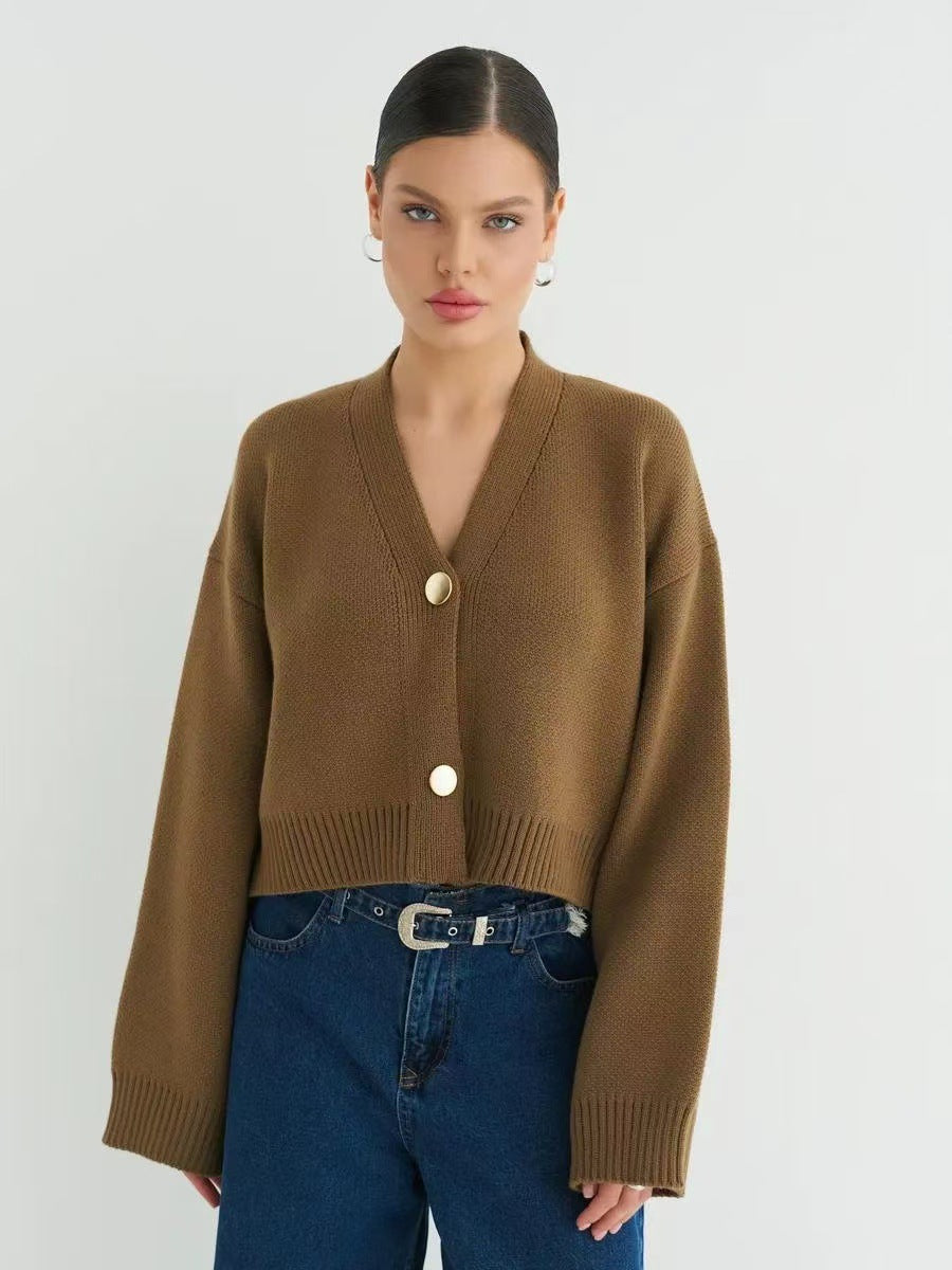 Chic Solid Color V-Neck Loose Knit Cardigan for All Seasons - Fashionpara