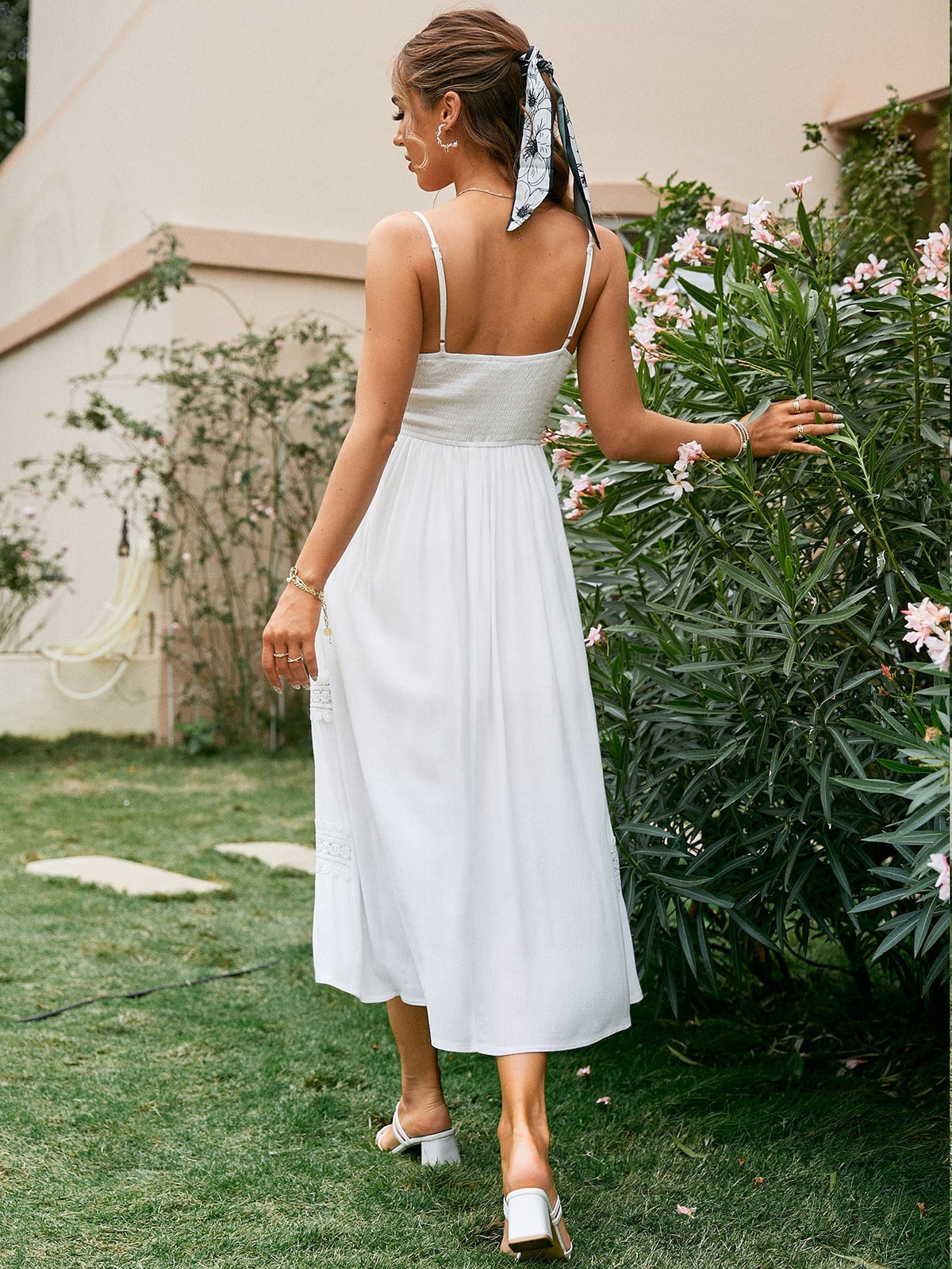 Sweetheart Lace Trim Tiered Strappy Midi Dress