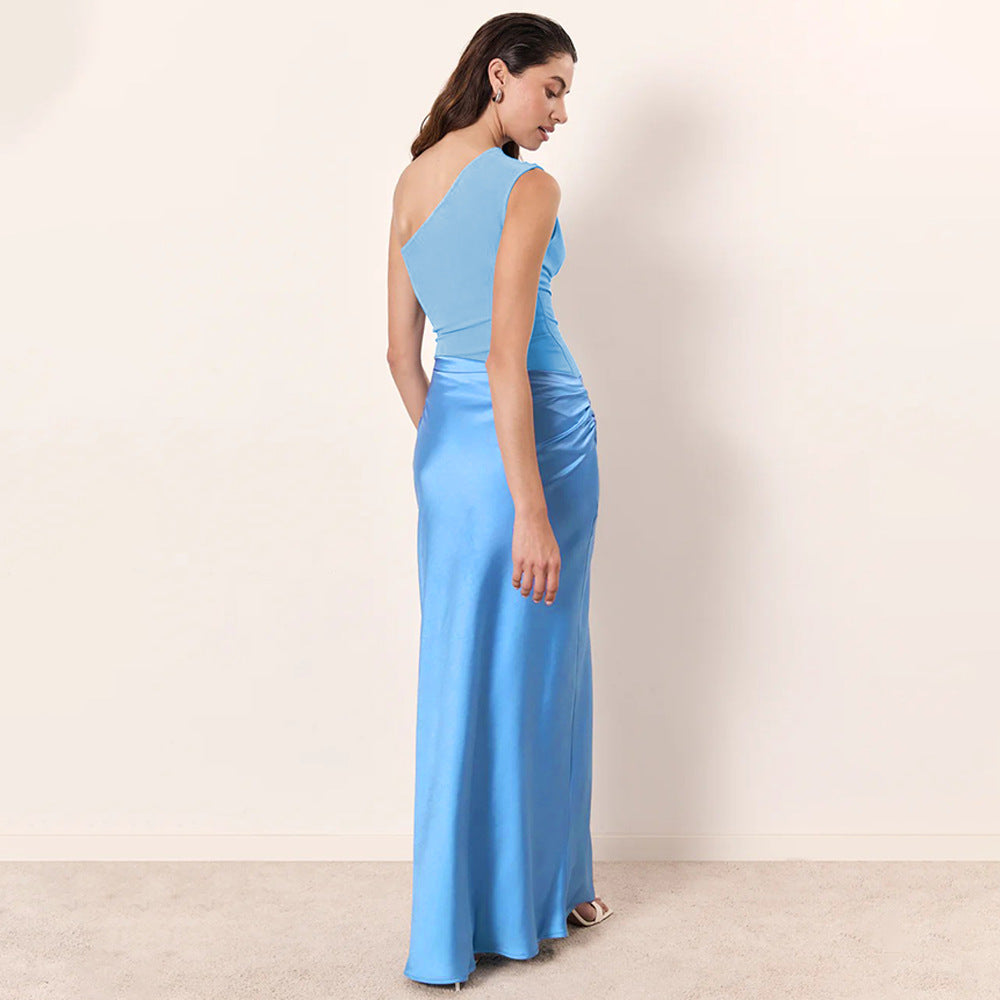 One-Shoulder Ruched Satin Bias Column Maxi Dress 3