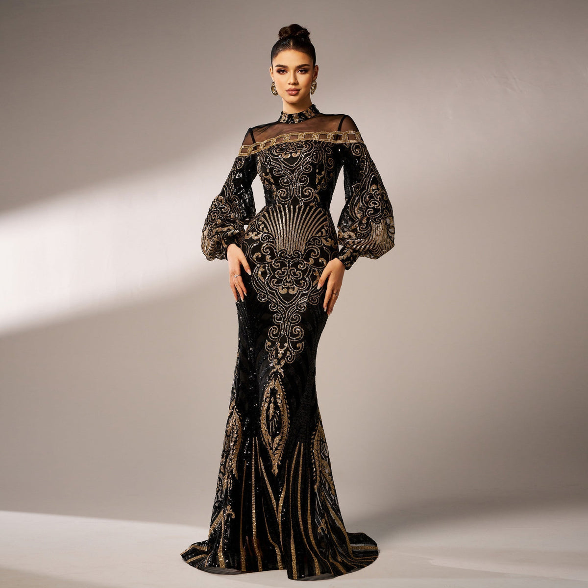 Sequin High Neck Long Sleeve Mermaid Gown - View 2