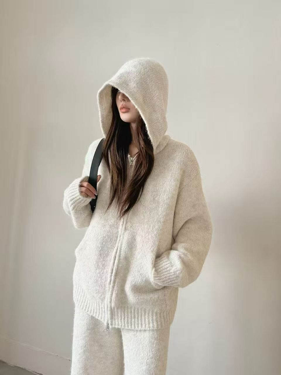 Thick Knit Hooded Cardigan and Wide-Leg Pants Set