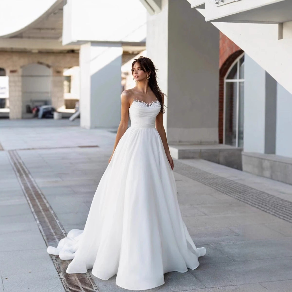 Strapless Sweet Lace Long Train Wedding Dress