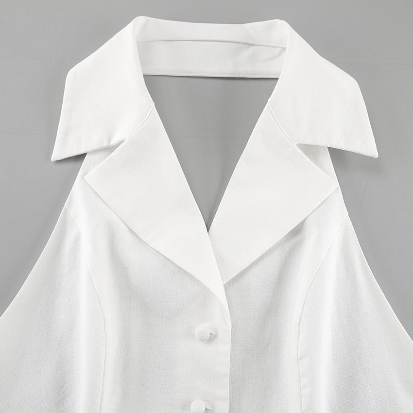 Linen Notch-Lapel Halter Button-Front Mini Dress 8