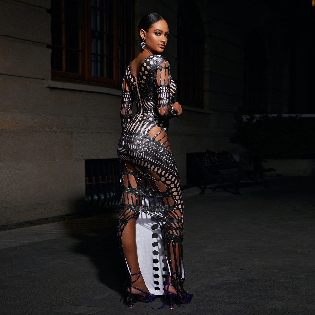Sequin Deep V-Neck Mesh Panel Lattice Cut Out Long Sleeve Maxi Gown - View 4