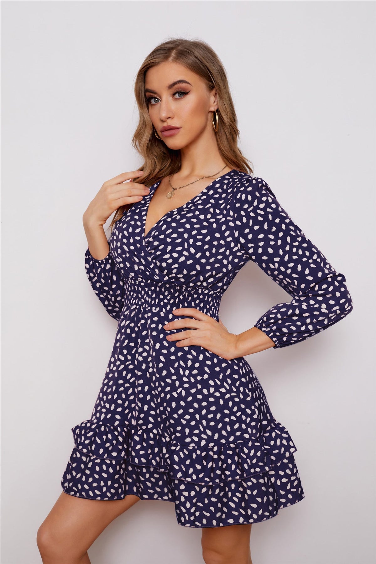 Spotted Print V-Neck Long Sleeve Tiered Ruffle Mini Dress