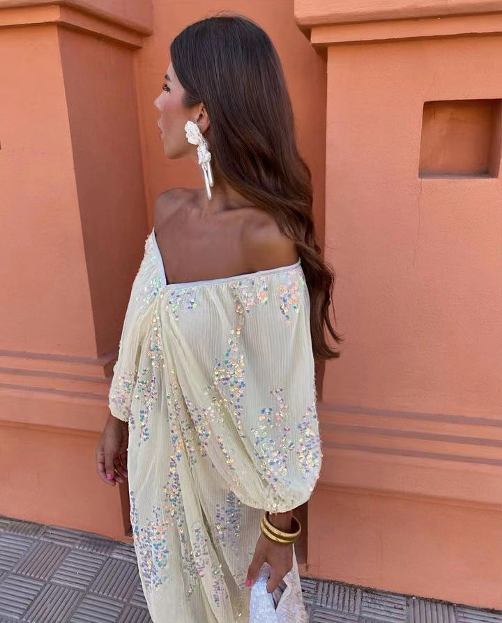Sequin Off Shoulder Deep V-Neck Lantern Sleeve Mesh Maxi Dress - View 4