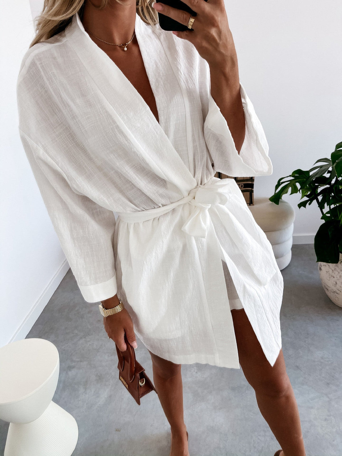 Linen V-Neck Tie Waist Wrap Mini Dress