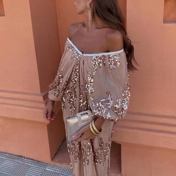 Sequin Off Shoulder Deep V-Neck Lantern Sleeve Mesh Maxi Dress - View 5