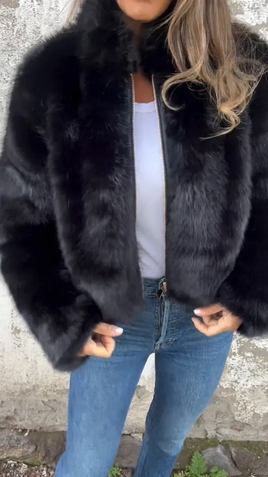 Chic Faux Fur Turtleneck Blazer for Effortless Elegance