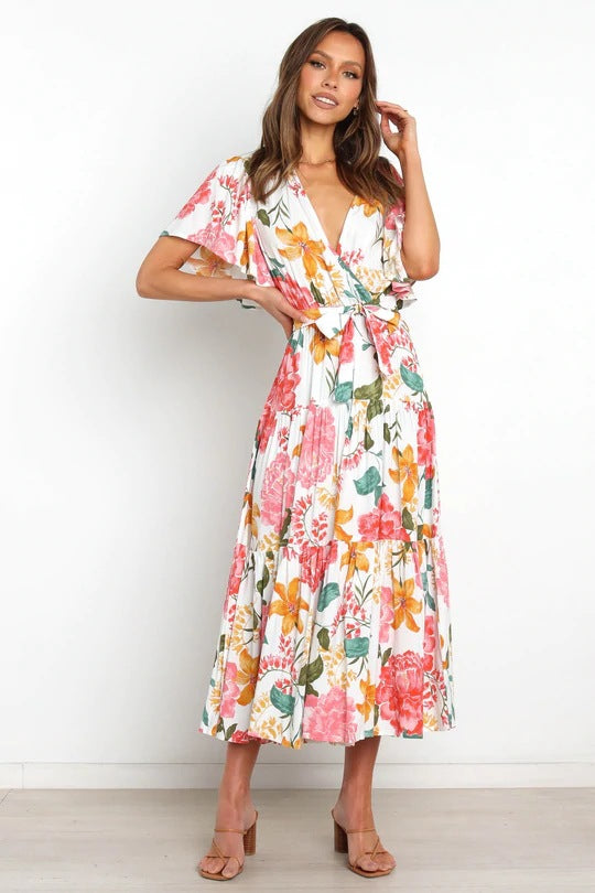 Floral Print V-Neck Flutter Sleeve Tiered Midi Dress