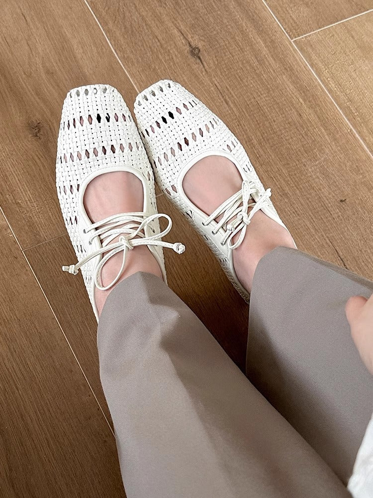 Vintage woven hollow lace-up square toe chunky heel Mary Jane shoes