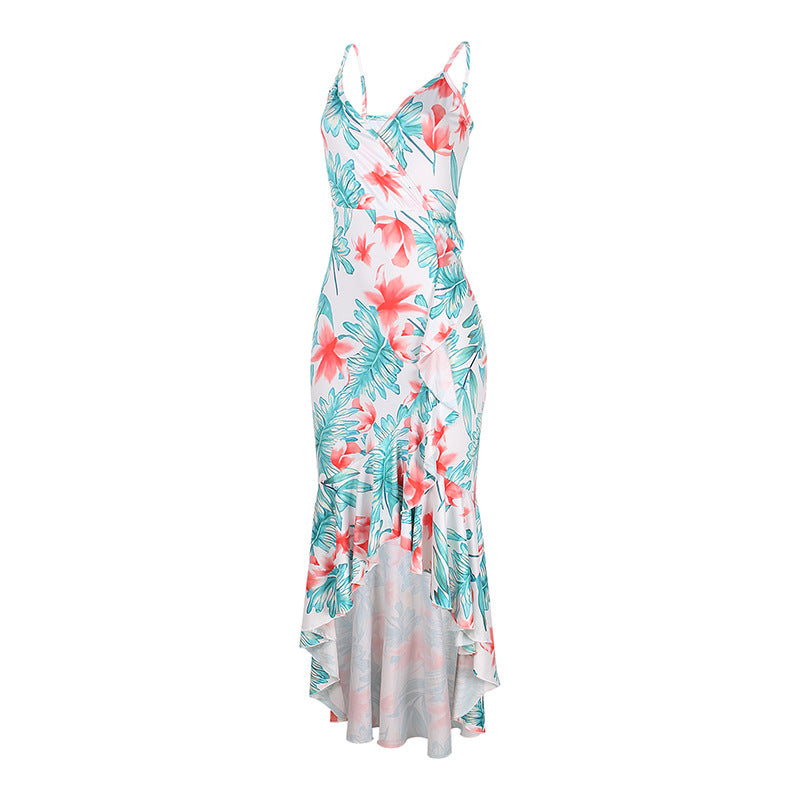 Tropical Print Wrap Ruffle High-Low Mermaid Dress