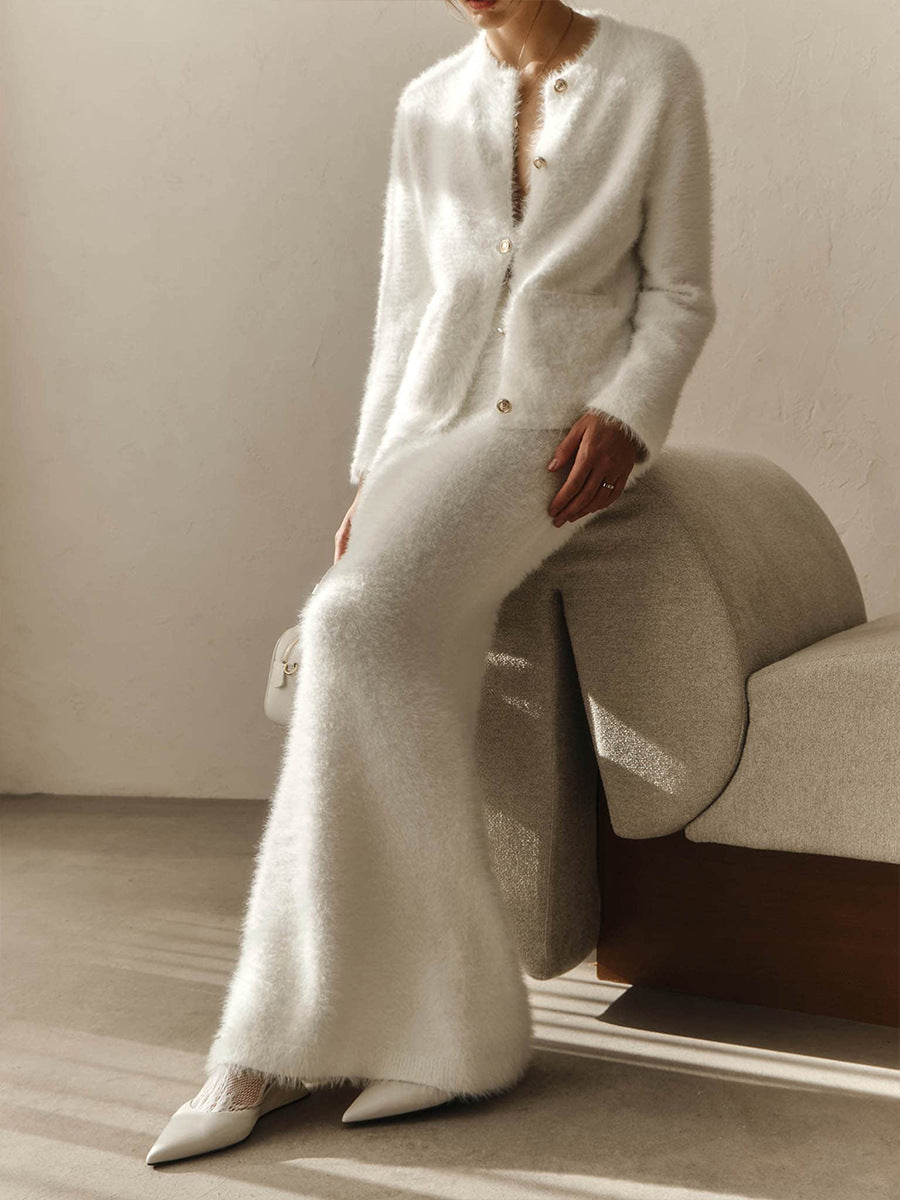 Plush Long-Sleeved Coat and Maxi Skirt Set for Elegance