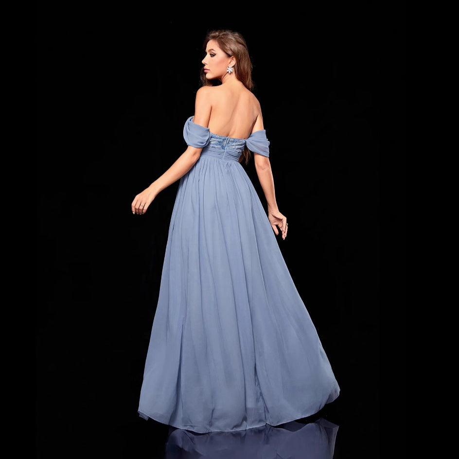 Off Shoulder Lace Bodice Pleated Chiffon A-Line Maxi Dress - View 4